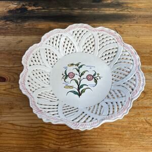 Vintage Cerame Artis Lattice Bowl Hand Painted Portugal VTG Decor Floral Accent